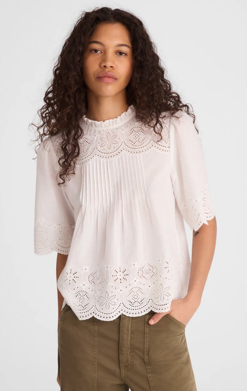Madewell | NWT White Embroidered Pintuck High-Neck Top | Sz M